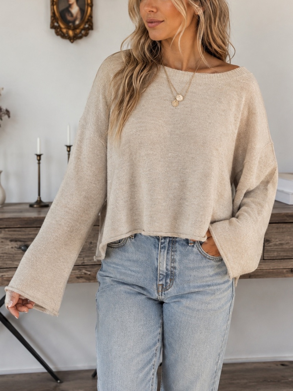 Neutral Beige Cropped Knit Sweater